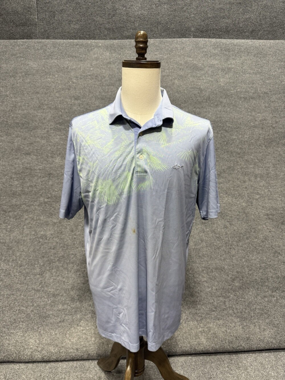 Greg Norman Dry Polo Shirt Mens XL Blue Palm Leaf Golf Performance Short Sleeve